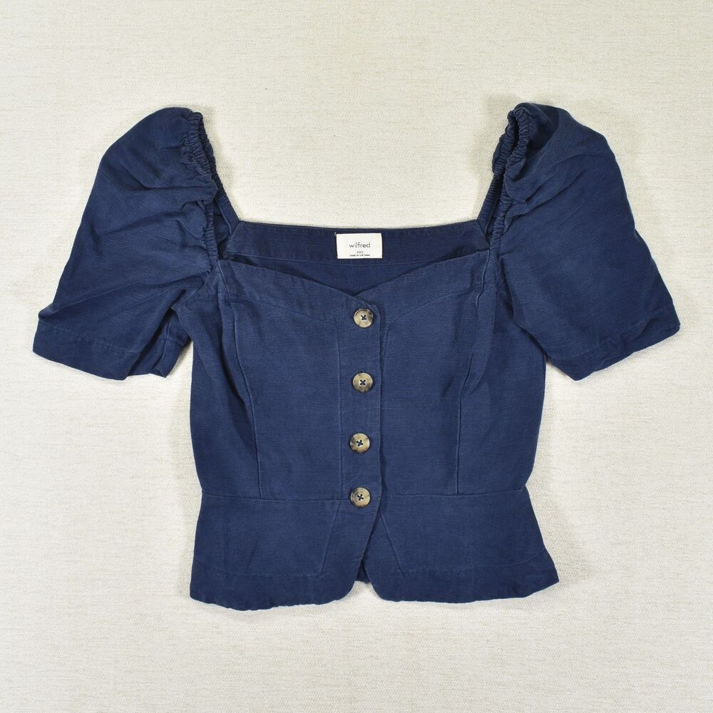 Wilfred Aritzia Janine Button Front Linen Blend Blouse Puff Sleeve Top Navy XXS